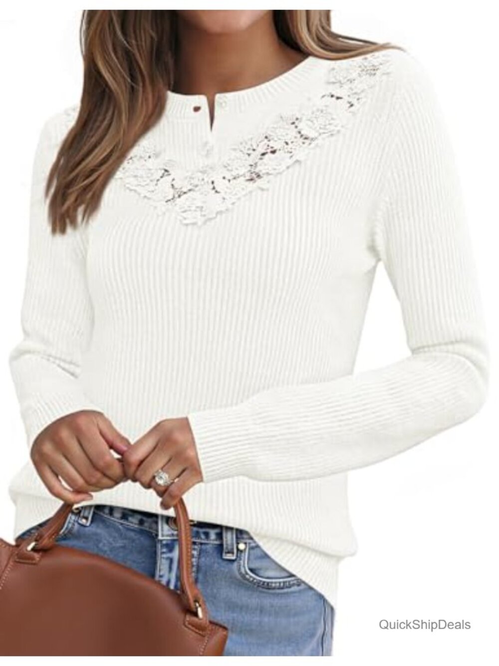 Lace Button Down Chunky Knit Sweater Long Sleeve Crew Neck Pullover Top